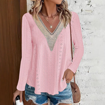 Lace-Trimmed V-Neck Plus Size Long Sleeve Top