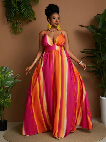 Plus Size Striped Halter Maxi Dress
