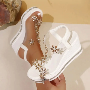 Floral Rhinestone Platform Wedge Sandals