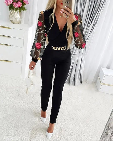 2025 Sexy Deep V-neck Mesh Long Sleeve Jumpsuit Spring Autumn One Piece Overall Women Black Elegant Chain Decor Party Jumpsuits
