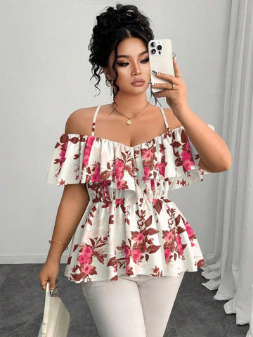 Plus Size Women's Festival Top - Sweetheart Neckline Floral Pattern Sleeveless Blouse Tiered Hem Lightweight Woven for Ramadan H