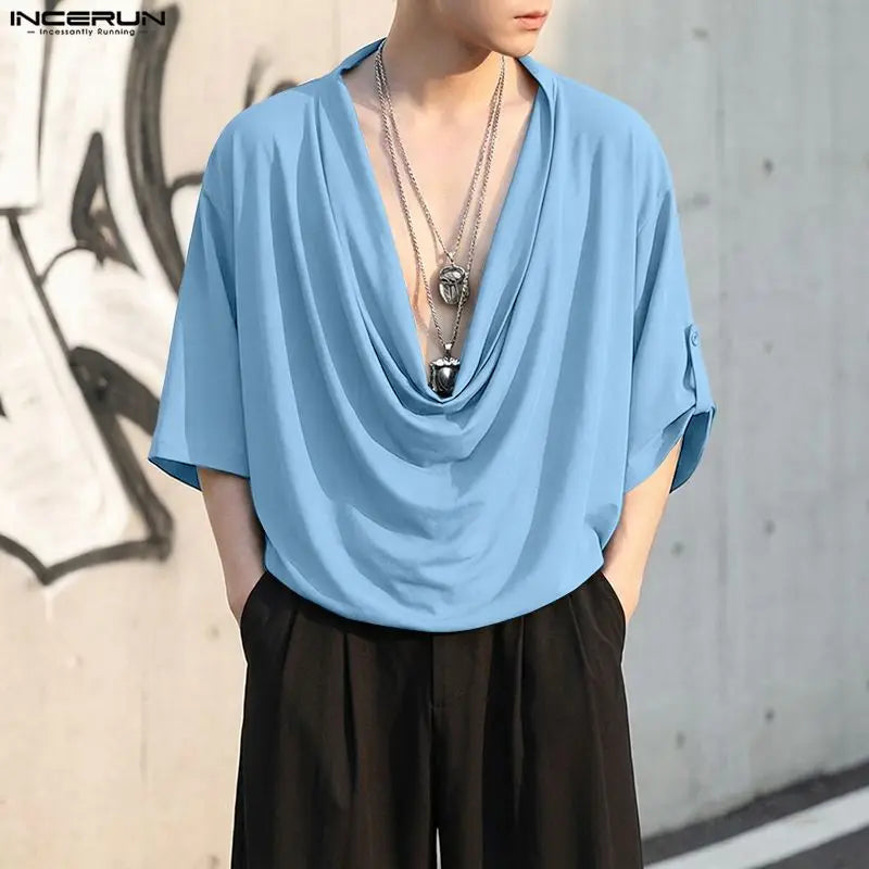 INCERUN Men's Shirt Solid Color Half Sleeve Oversize Casual Menswear Clothing Tops Streetwear 2026 Fashion Shirts For Man Camisa