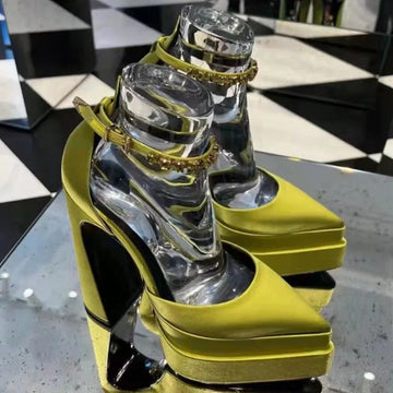 Rhinestone Chunky Heel Silk Platform Pumps