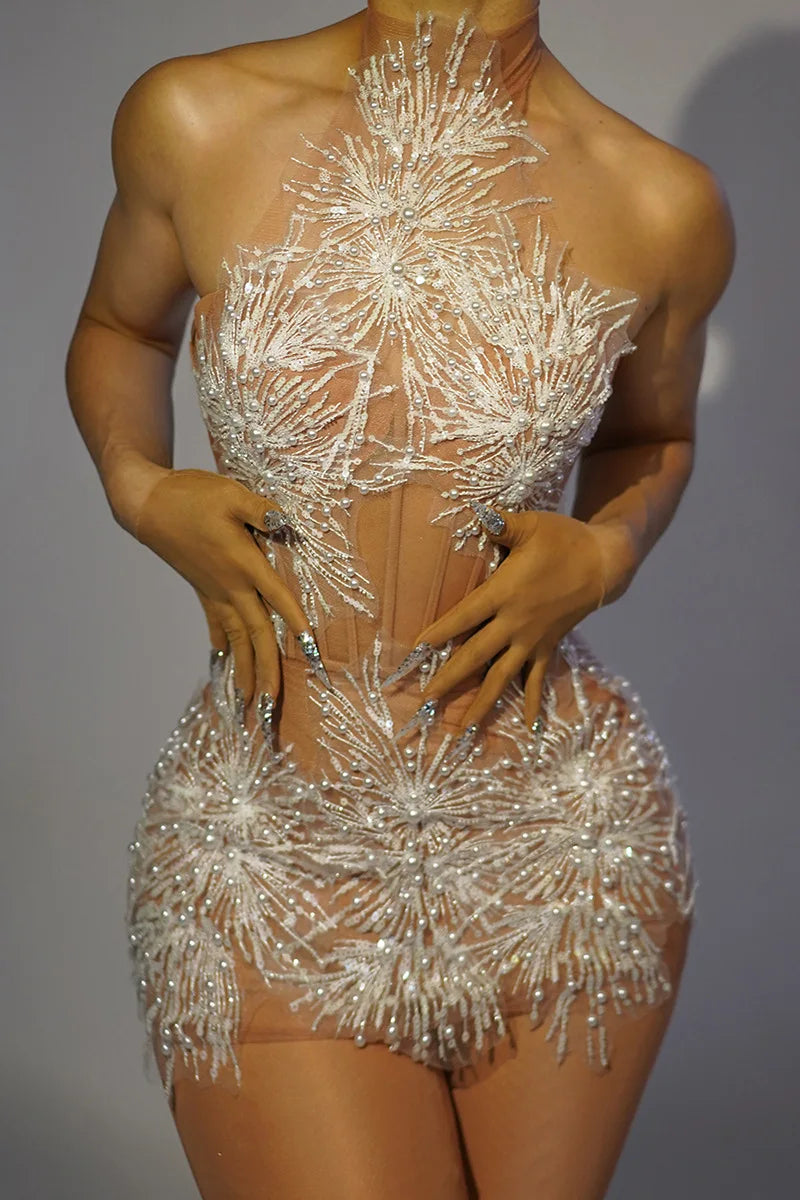 White Snowflake Pearl See Through Mesh Women Stunning Dress Party Birthday Sexy Carnival Performance Stage Costume