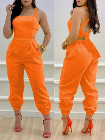 New Summer Fashion Printed Sleeveless Jumpsuit Sexy Hollow Backless Lace Up