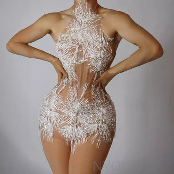 White Snowflake Pearl See Through Mesh Women Stunning Dress Party Birthday Sexy Carnival Performance Stage Costume