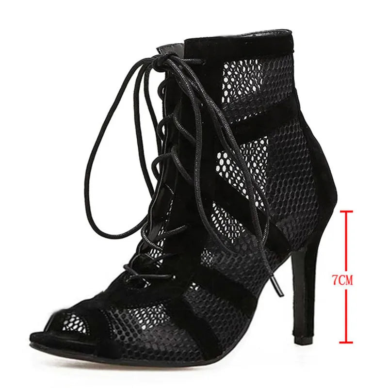 Black Lace-Up Open Toe Stiletto Sandals