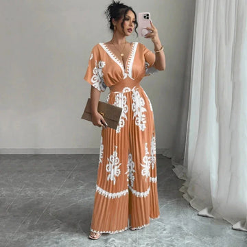 Women's New Casual Deep V Neck Backless Jumpsuit Fashion Versatile Short Sleeve Splicing Printed High Waist Wide Leg Jumpsuits