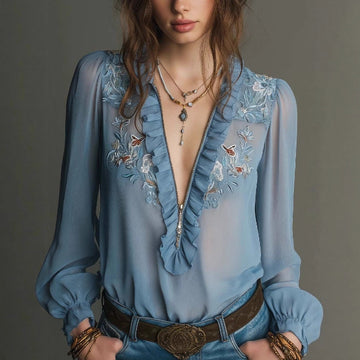 Embroidered Ruffle Zipper Chiffon Blouse